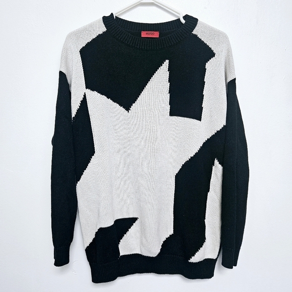 Hugo Boss Womens S Siginy Jumper Colorblock Knit Oversized Sweater Black/White - Picture 2 of 12